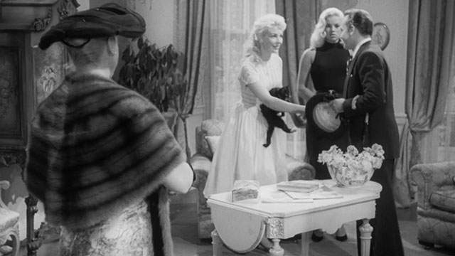 Passport to Shame - Room 43 - Malou Odile Versois holding black and white tuxedo kitten Mignon with Vicki Diana Dors, Aggie Brenda de Banzie and Biaggi Herbert Lom