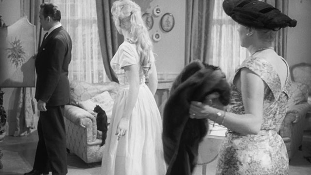 Passport to Shame - Room 43 - Malou Odile Versois in front of black and white tuxedo kitten Mignon on chair with Aggie Brenda de Banzie and Biaggi Herbert Lom