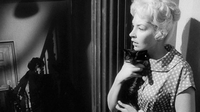 Passport to Shame - Room 43 - Malou Odile Versois holding black and white tuxedo kitten Mignon as woman and man approach