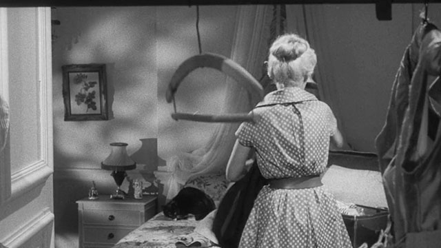 Passport to Shame - Room 43 - Malou Odile Versois gathering clothes while black and white tuxedo kitten Mignon sits on bed