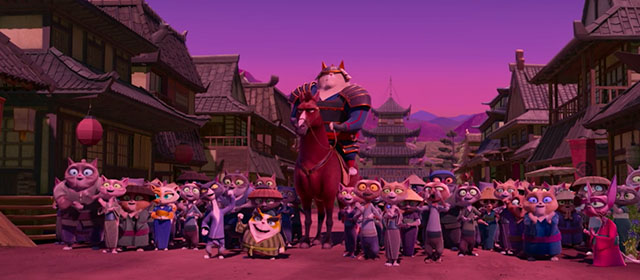 Paws of Fury - cartoon samurai cat with the town cats of Kakamucho