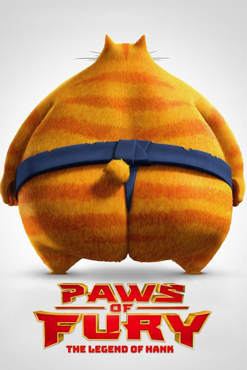 Paws of Fury - cartoon cat Sumo standing with back to viewer on poster