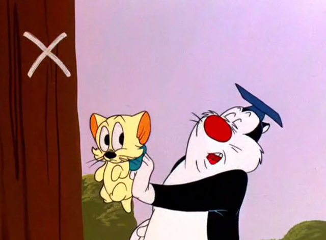 A Peck o' Trouble - yellow kitten with blue bow held up to tree by black and white cartoon cat Dodsworth