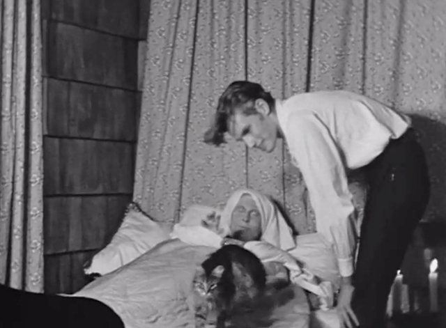 Peer Gynt - Charlton Heston and Betty Hanisee with longhair tabby cat on bed