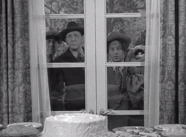 Pest Man Wins - Three Stooges Moe Shemp Larry with cat in bag outside window