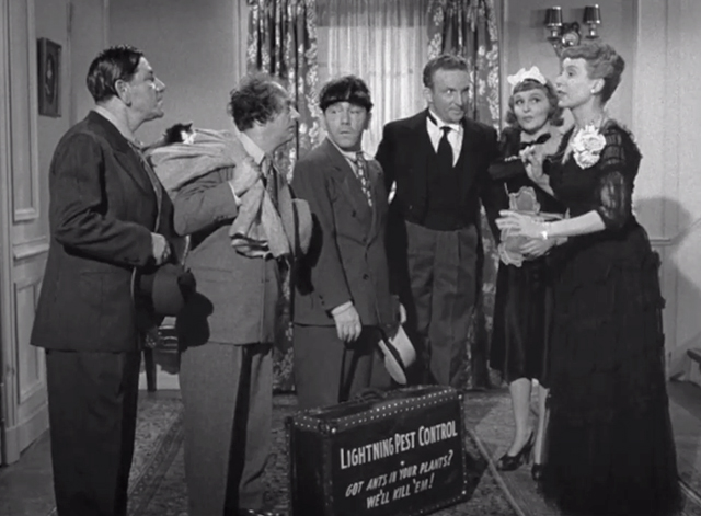 Pest Man Wins - Three Stooges Moe Shemp Larry with cat in bag talk to Mrs. Castor Margie Liszt and Meadows Emil Sitka