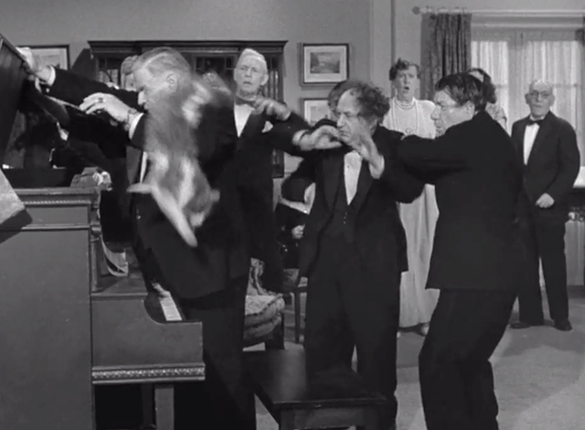 Pest Man Wins - Three Stooges Moe Shemp Larry with cat flying out of piano