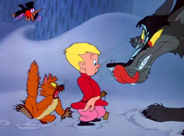 Peter and the Wolf - Ivan the cat, Sasha the bird and Peter facing the wolf