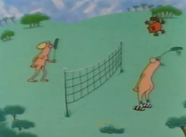 Pink Komkommer - nude couple playing badminton with orange cartoon cat