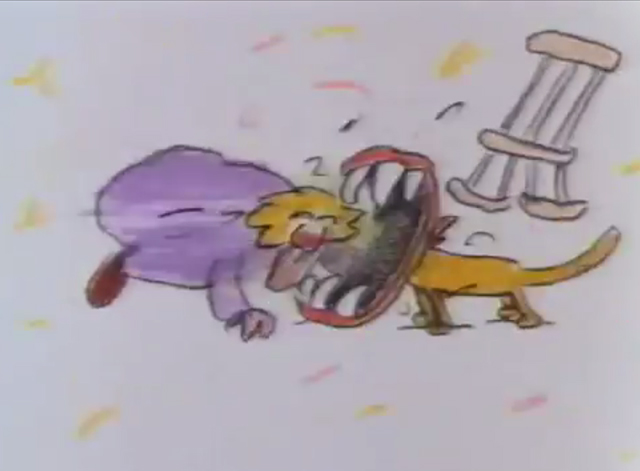 Pink Komkommer - yellow cartoon cat roaring at woman
