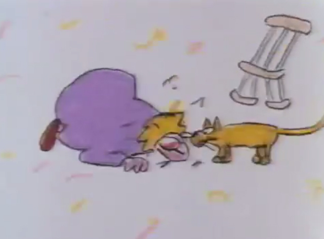 Pink Komkommer - yellow cartoon cat looking at woman