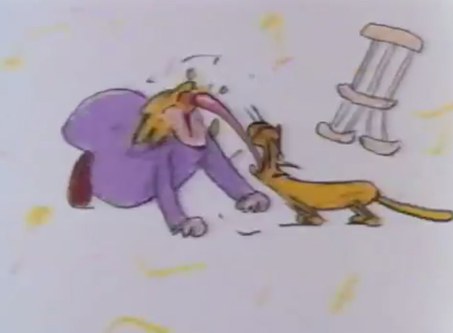 Pink Komkommer - yellow cartoon cat licking woman's face
