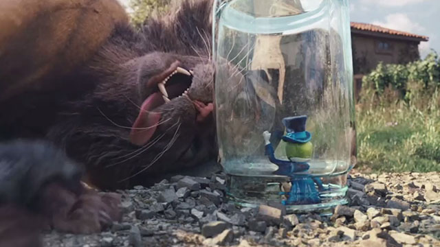 Pinocchio - brown cat Gideon looking at Jiminy Cricket in jar