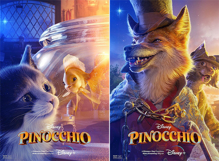 Pinocchio - black and white tuxedo kitten Figaro with Cleo and Honest John with Gideon movie posters