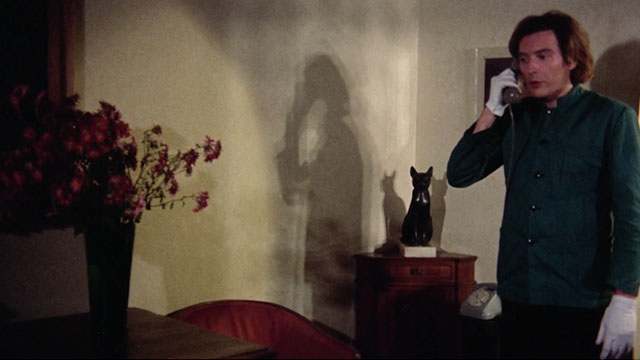 The Police Are Blundering in the Dark - La polizia brancola nel buio - cat statue on table behind Alberto Francisco Cortéz