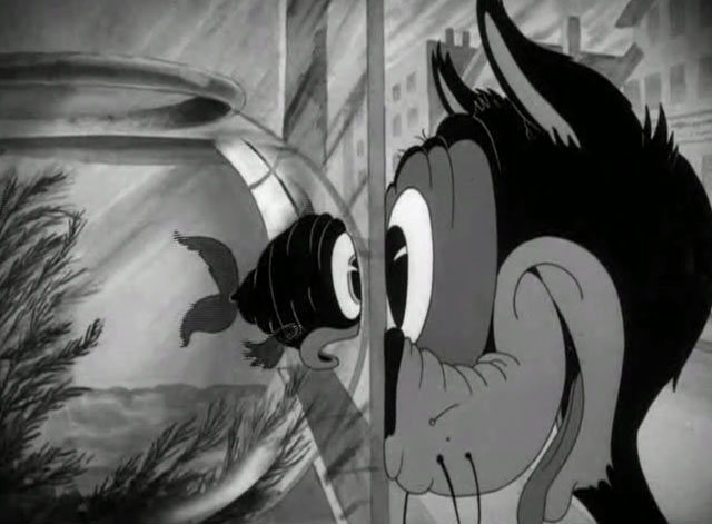 Porky's Poor Fish - cartoon black cat eyeing fish in bowl through window