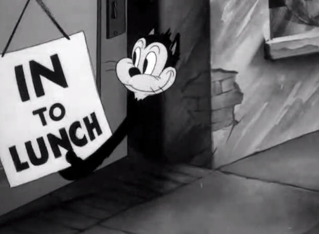 Porky's Poor Fish - cartoon black cat changing Out to Lunch sign to In to Lunch