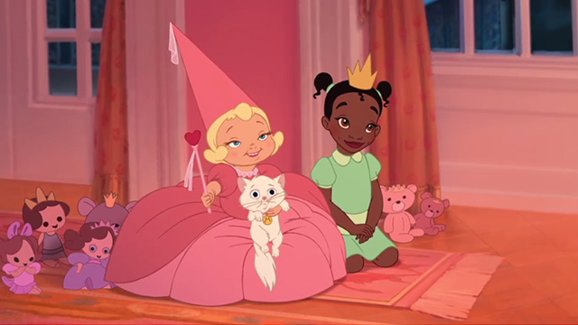 The Princess and the Frog - young Charlotte hugging white kitten Marcel with young Tiana