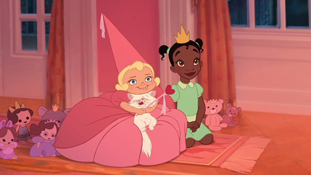 The Princess and the Frog - young Charlotte hugging white kitten Marcel too tightly with young Tiana