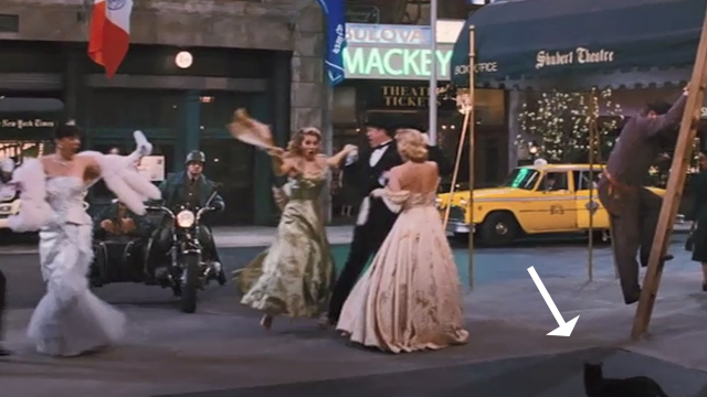 The Producers - black cat in street as Frank Liebkind approaches on motorcycle sidecar