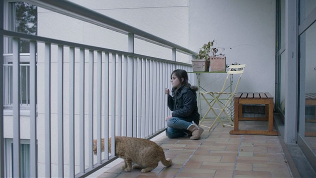 Proxima - Stella Zélie Boulant with ginger tabby cat Laika on patio