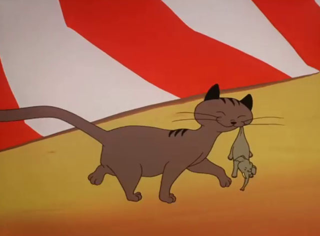 Punch Trunk - cartoon brown tabby cat happily carrying tiny elephant