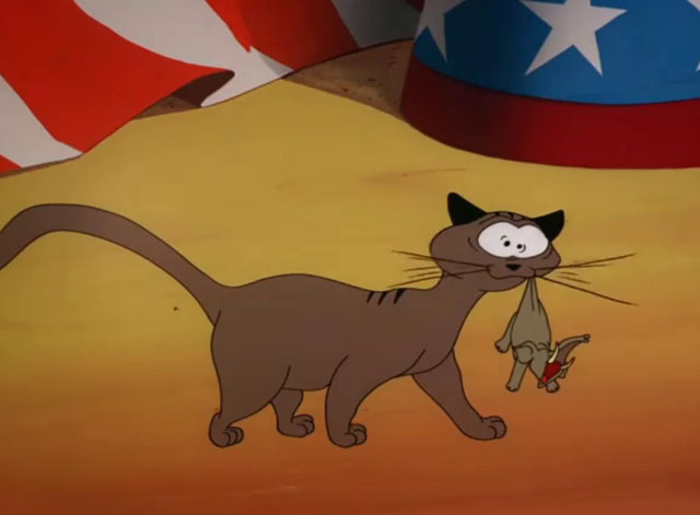 Punch Trunk - cartoon brown tabby cat startled while carrying tiny elephant