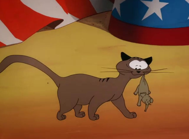 Punch Trunk - cartoon brown tabby cat startled while carrying tiny elephant