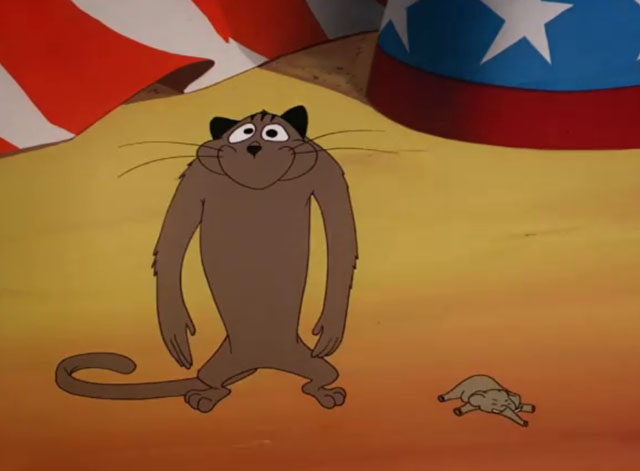 Punch Trunk - cartoon brown tabby cat in shape of monkey next to tiny elephant