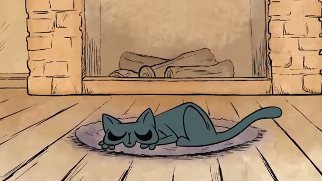 Puppy Love - cartoon gray cat sleeping on mat