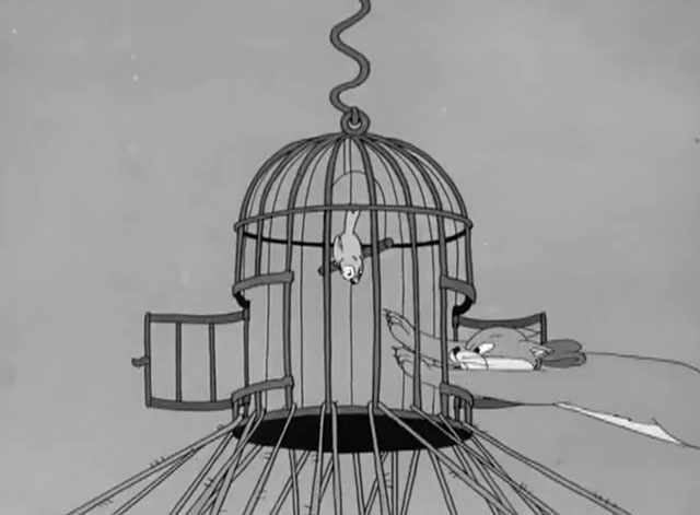 Puss n' Booty - cartoon cat Rudolph jumping through canary Petey's cage