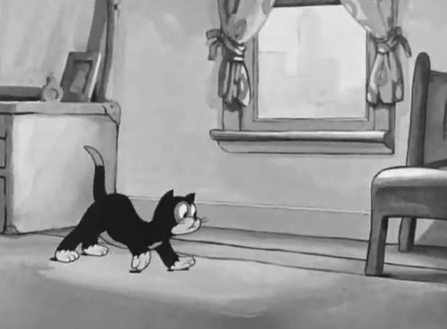 Quiet! Pleeze - cartoon black cat walking by window