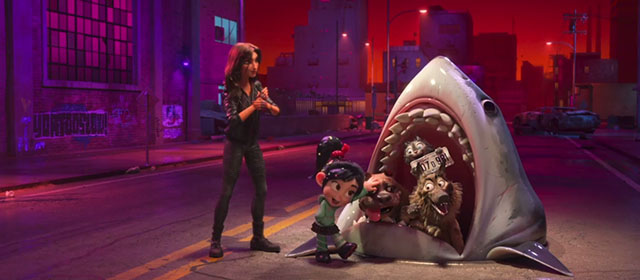 Ralph Breaks the Internet - Vanellope and Shank with two dogs and a tabby cat inside the mouth of a sewer shark