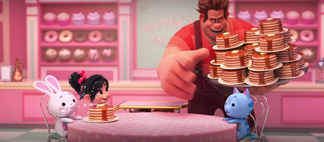 Ralph Breaks the Internet - Ralph and Vanellope with huge cart of pancakes for Fun Bun with kitty Puddles