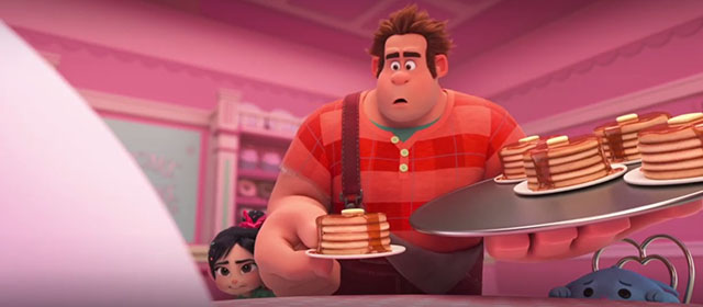Ralph Breaks the Internet - Ralph and Vanellope feeding pancakes to Fun Bun as kitty Puddles watches in horror