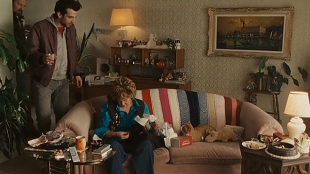 Real Time - grandma Jayne Eastwood on couch with black cat on lap and ginger and white tabby beside with Andy Jay Baruchel