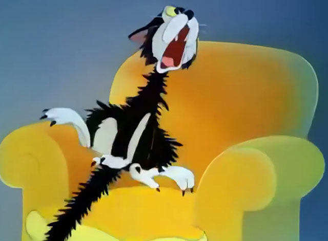 Reason and Emotion - cartoon black and white tuxedo cat yowling while having tail pulled