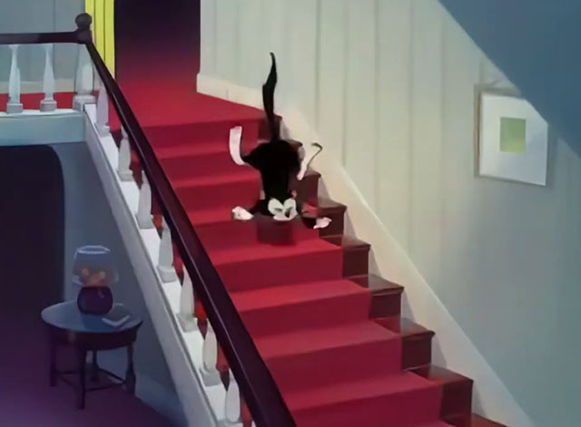 Reason and Emotion - cartoon black and white tuxedo cat tumbling down stairs