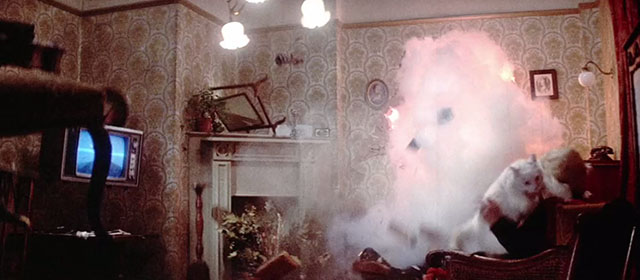 The Return of the Pink Panther - Molly Maureen in armchair with white cat as wall explodes