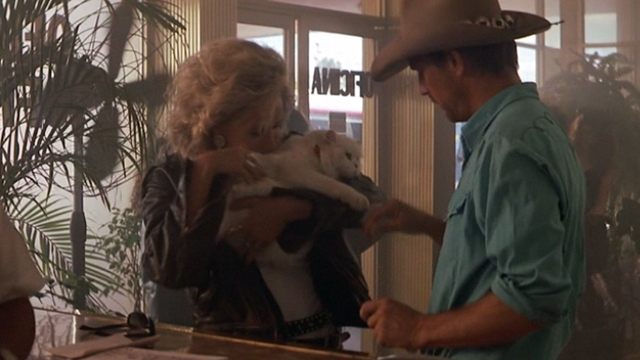 Revenge - rock star Sally Kellerman hugging long-haired white cat Precious who has claw in finger bandage of Michael Cochran Kevin Costner