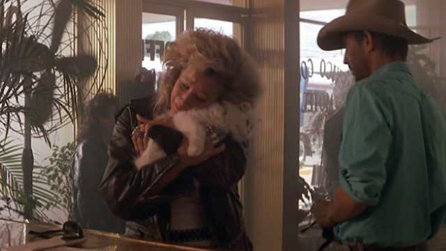 Revenge - rock star Sally Kellerman hugging long-haired white cat Precious with Michael Cochran Kevin Costner walking away