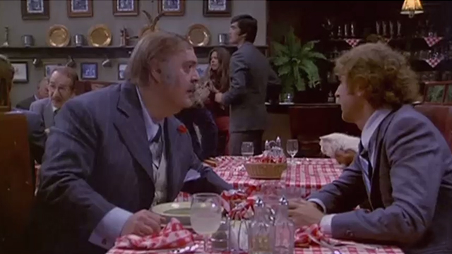 Rhinoceros - longhaired white cat at table behind John Zero Mostel and Stanley Gene Wilder