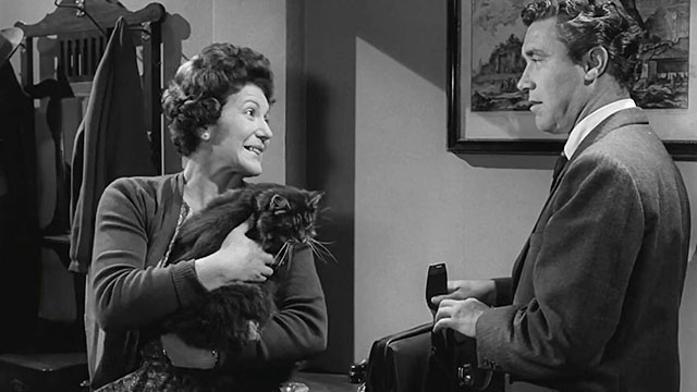 Ring of Spies - Gordon Lonsdale William Sylvester in hallway with Helen Nancy Nevinson holding longhair tabby cat