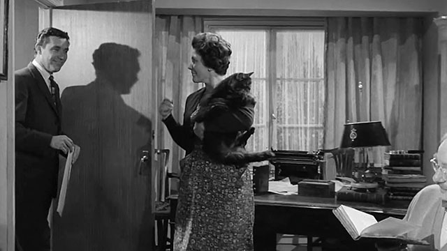 Ring of Spies - Gordon Lonsdale William Sylvester following Helen Nancy Nevinson holding longhair tabby cat into room with Peter David Kossoff