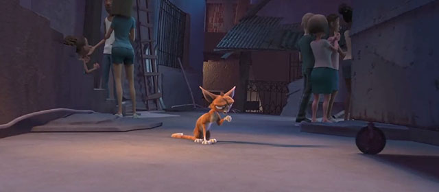 Rio - cartoon ginger cat preening on street