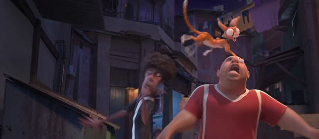 Rio - cartoon ginger cat landing on Armanda and Tipa