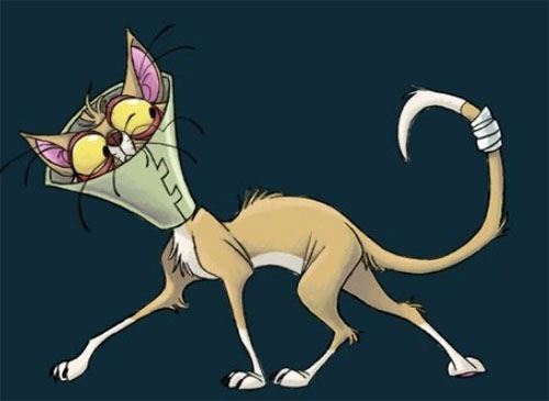 Rio - cartoon ginger cat Clyde wearing cone