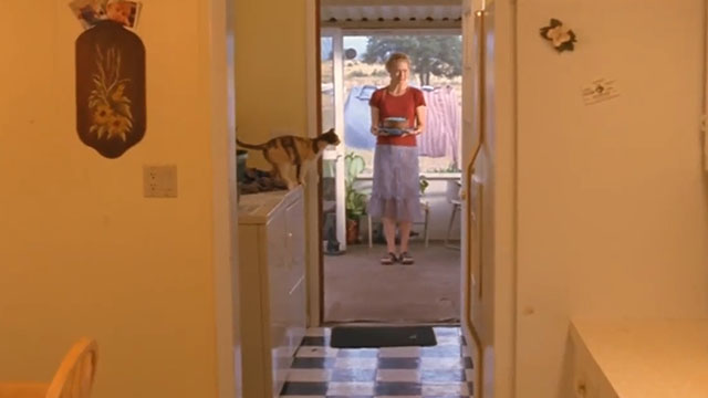 River's End - calico cat on washing machine with Sarah Caroline Goodall in background