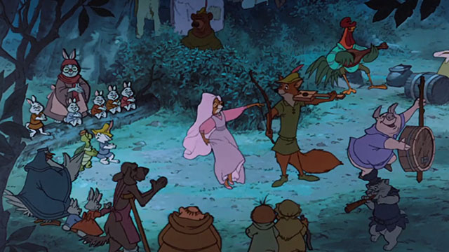 Robin Hood - cat character playing recorder with band as everyone dances