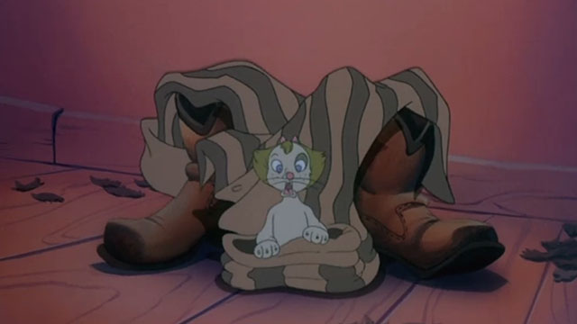 Rock-a-Doodle - Edmund boy as cartoon cat emerging from clothes
